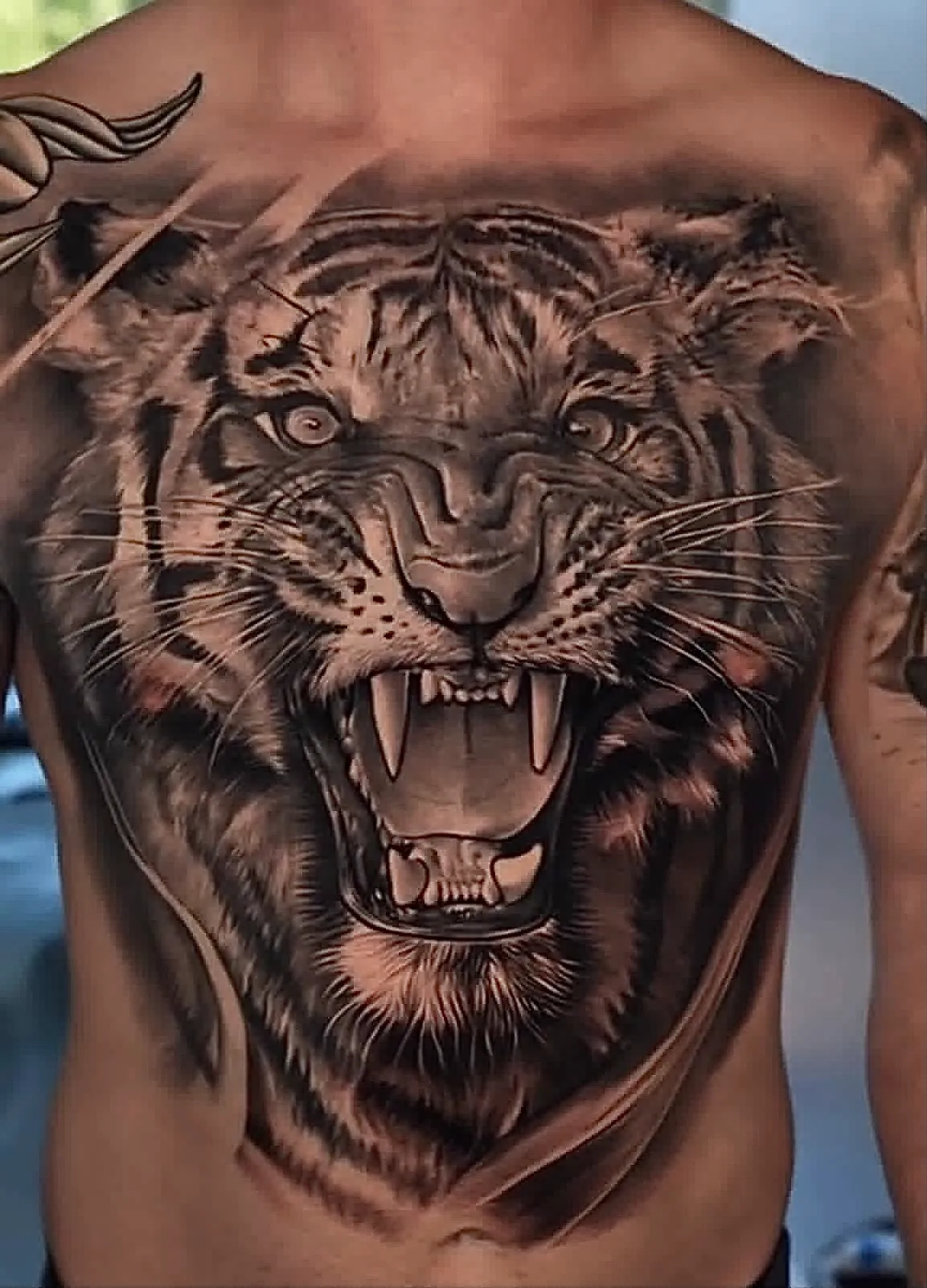 Realistic tattoo of a tiger on a chest, showing a fierce expression.