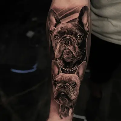 Realistic tattoo of two French bulldogs on forearm.