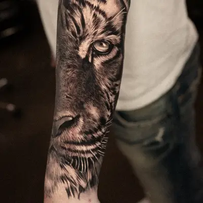 Realistic tiger portrait tattoo on forearm