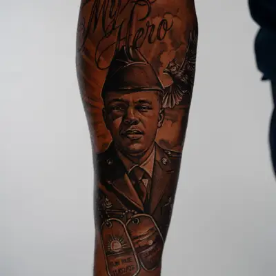 Black and grey realism portrait of a soldier with dog tags and bird, captioned 'My Hero.'