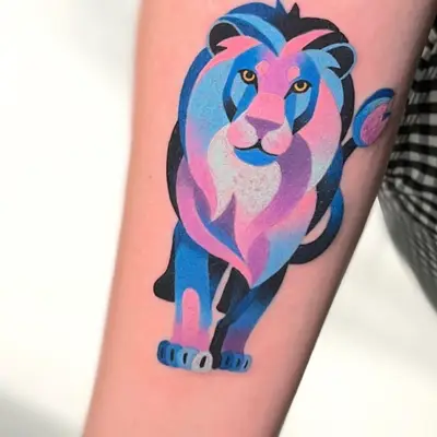 Colorful abstract lion tattoo on forearm.