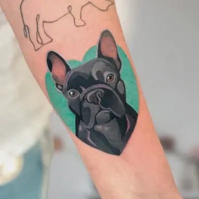 Tattoo of a bulldog head with minimalist rhino outline on forearm.