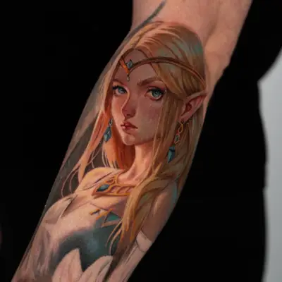 Tattoo of a female elf character on arm.