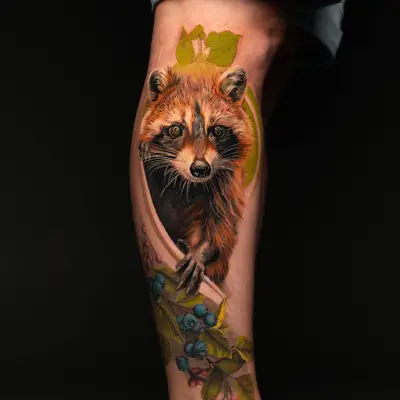 Color realism portrait of a raccoon and blueberries on the lower leg.