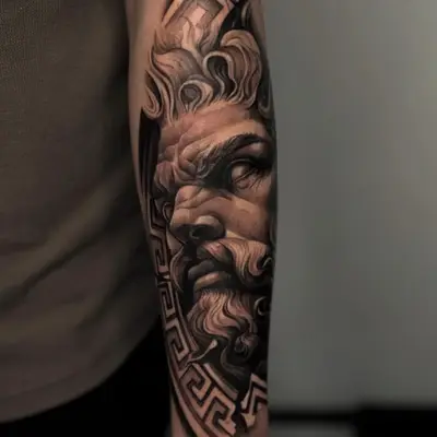 Tattoo of a detailed mythological face on an arm.