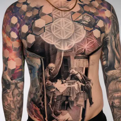 Black and grey stipple tattoo across a stomach showing a skeleton seated at a dinner table with a man in a suit slumped back in his chair, a hanging lamp above and a sacred geometry pattern across the chest.
