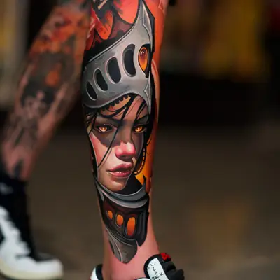 Color realism tattoo on the calf: a woman's face with amber eyes inside an open knight's helmet in steel grey, set against a warm orange and red background that continues up the leg.