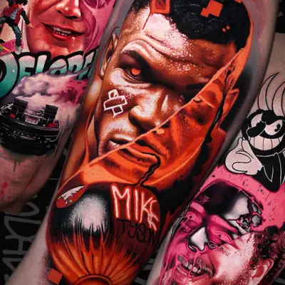 Complex collage tattoo with faces in a vibrant color palette.