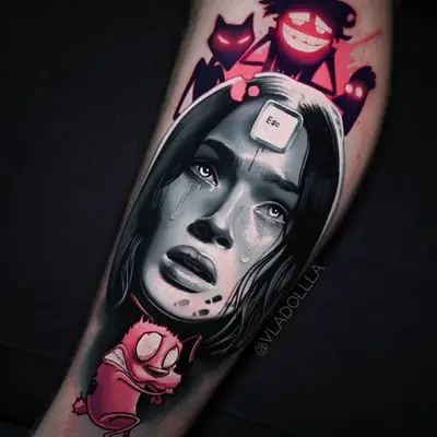 Tattoo of a woman's face with cartoon elements and red accents