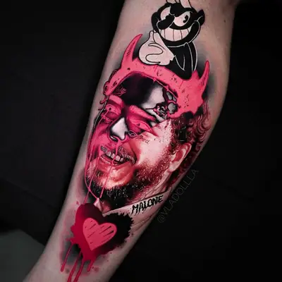 Tattoo of a man's face with red and black accents, cartoon character, and a dripping heart.