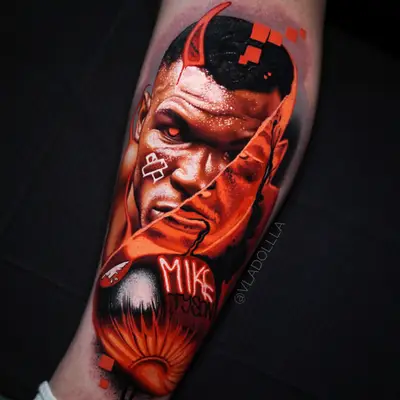 Tattoo of Mike Tyson with orange highlights and boxing glove.
