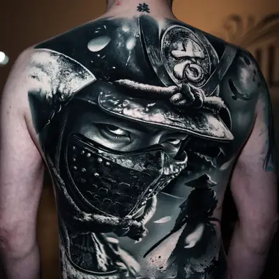 Black and grey realism full back piece of an armored samurai in a mempo mask, with a straw-hat ronin silhouette below.