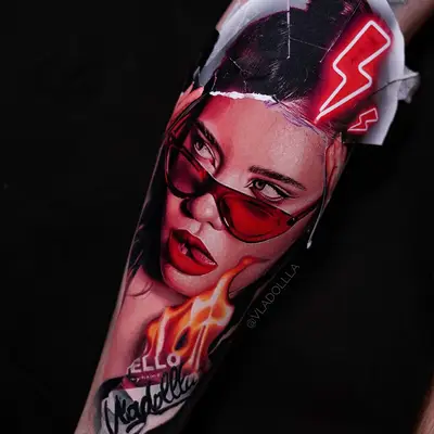 Color realism lower leg portrait of a woman in red sunglasses with a torn-paper edge, neon lightning bolt and a burning name sticker.