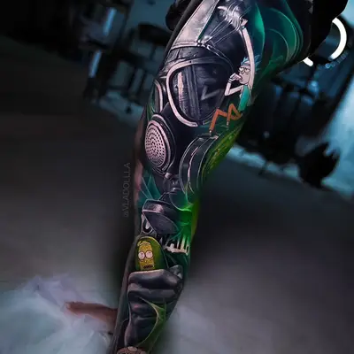 Full leg tattoo of characters in a sci-fi setting with neon green highlights.