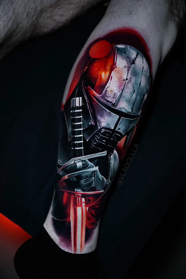 Color realism lower leg piece of Starkiller's cracked chrome helmet from Star Wars with a red lightsaber.