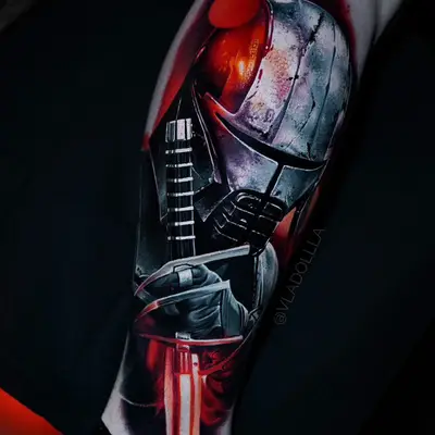 Color realism lower leg piece of Starkiller's cracked chrome helmet from Star Wars with a red lightsaber.