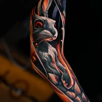 Color realism tattoo of a rabbit with dragon features on an arm