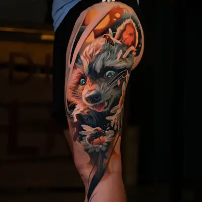 Color realism tattoo of a raccoon and a bee on an outer thigh