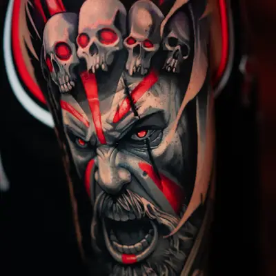 Realism tattoo of a screaming Viking under four skulls with red war paint on a shoulder
