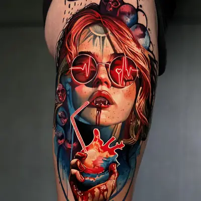 Color surrealism tattoo of a girl with heart monitor glasses drinking from a heart on a thigh