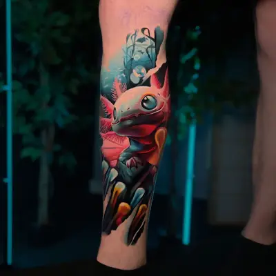 Color realism tattoo of a pink axolotl on a lower leg