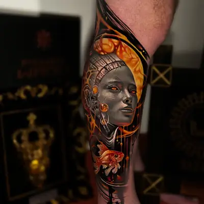 A vibrant, painterly tattoo of a woman's face and a goldfish on the leg in a surrealism style.