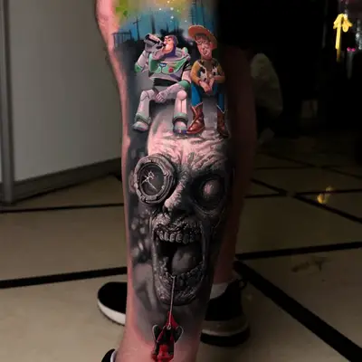 A vibrant tattoo depicting the impact of AI with Toy Story characters, Spider-Man, and a zombie-like face in a realism style.