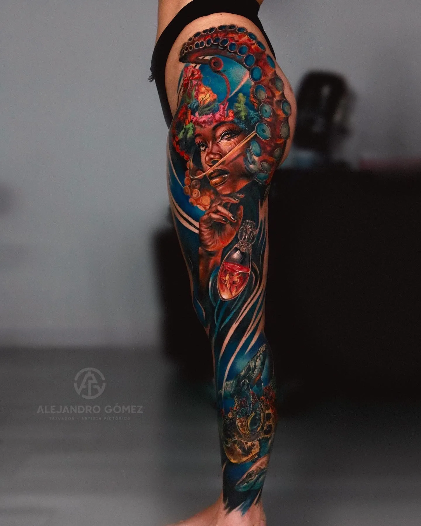 Color realism leg sleeve of Yemaya, the Yoruba sea deity, with koi and deep water