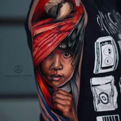 Color realism half sleeve of a child in a red headwrap with a scarlet macaw above