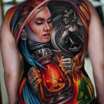 Color realism full back tattoo of two women with an oil lantern, a classical bust and keys
