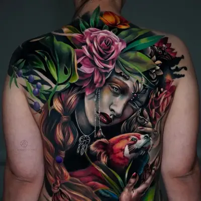 Color realism full back cover-up of a woman surrounded by roses, green leaves and a red panda