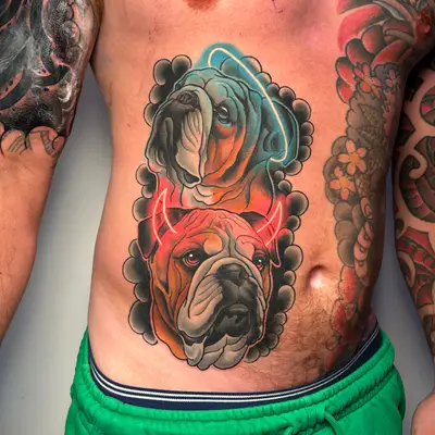 Colorful bulldog tattoo with neon horns and halos on the torso.