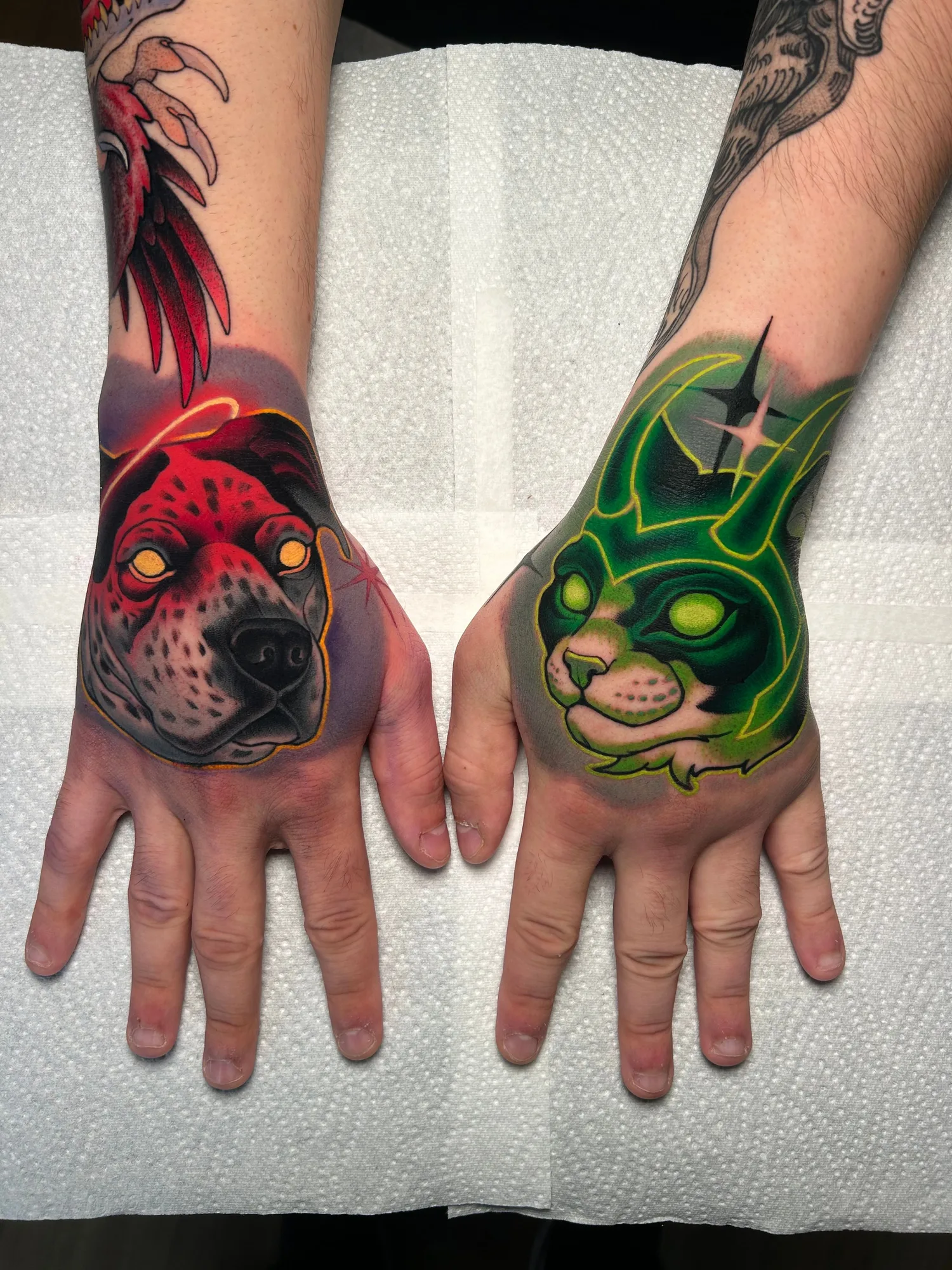 Colorful tattoo featuring a dog and a cat on hands.
