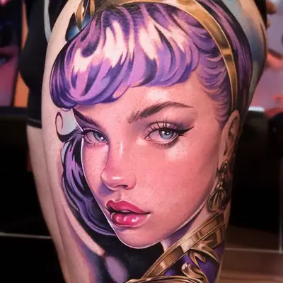 Color neorealist portrait of a pin-up woman with lilac hair, a gold ribbon headband and gold earrings, tattooed large across the outer thigh.