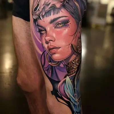 Color neorealist portrait of a woman wearing an animal skull as a headdress, with gold jewelry, purple and teal background shapes and a blue flower, running from the thigh down past the knee.
