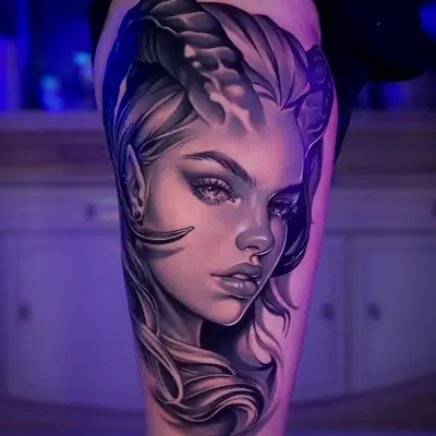 Portrait of a demon girl on a thigh rendered in a neorealism style with opaque greys.