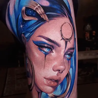 Color neorealist portrait of a woman with blue hair, a gold crescent on her forehead, gold hoop earrings and blue eye makeup with dark tear lines, tattooed on the thigh.