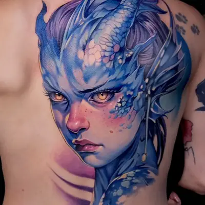 Color neorealist portrait of a blue-skinned woman with dragon-like scales, fins and amber eyes, with purple accents, covering most of the back.