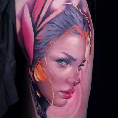 Color neorealist portrait of a woman in a pink and red headscarf with purple hair and orange highlights, tattooed on the thigh.