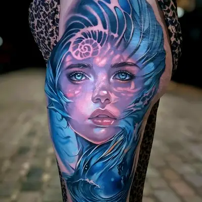Colorful tattoo of a woman's face surrounded by waves and shells on thigh.