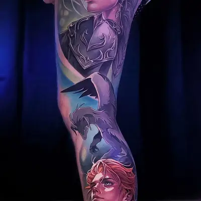 Full-length color neorealist leg panel from The Beginning After the End: Tessia in silver armor at the thigh, Sylvie as a small winged dragon at the knee, and Arthur with red hair on the calf.
