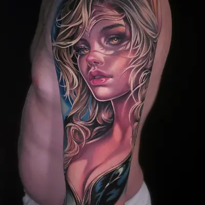 Color neorealist portrait of a woman with long wavy blonde hair and amber eyes in a dark gown, Delia's interpretation of Queen Marika from Elden Ring, covering the upper arm.