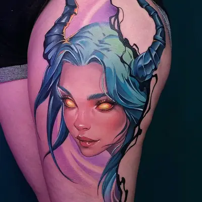 Color neorealist portrait of a woman with long blue and green hair, dark curved horns and glowing amber eyes against a violet background, tattooed on the thigh.