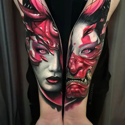Forearm tattoos featuring a woman and an oni mask