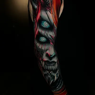 Full sleeve tattoo of a demonic face with vibrant colors