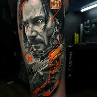 Realistic cyberpunk tattoo of Keanu Reeves in black and grey with pops of orange color. 